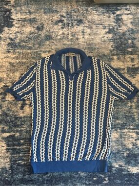 Stacey Adams Blue and White Textured Knit Polo - Vintage-Inspired Casual
